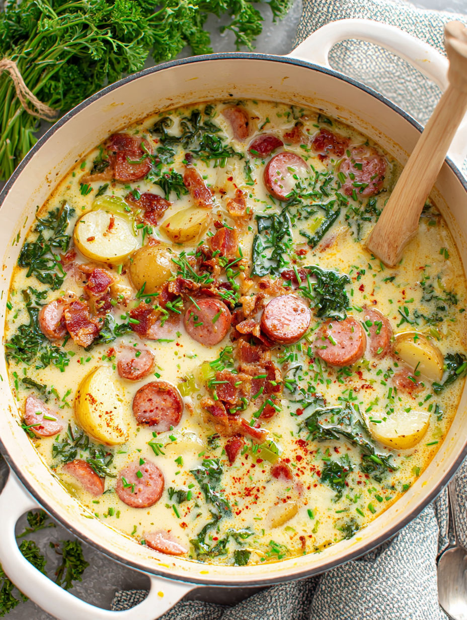 A bowl of soup with sausage, potatoes, and greens.