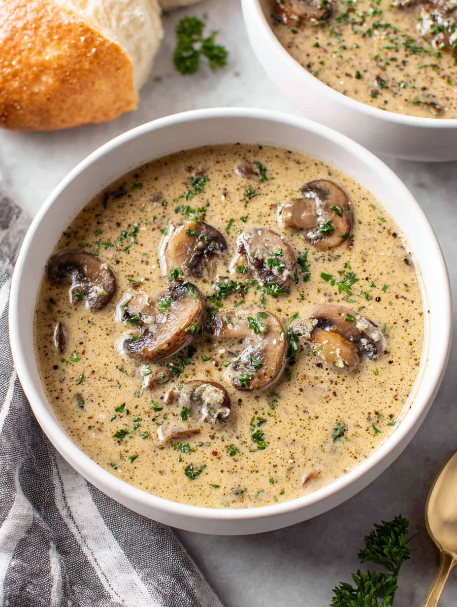A bowl of soup with mushrooms and herbs.