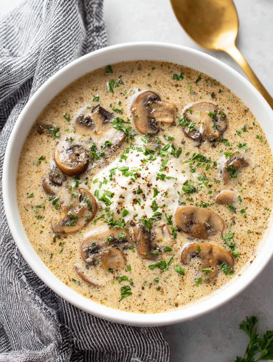 A bowl of soup with mushrooms and cheese.