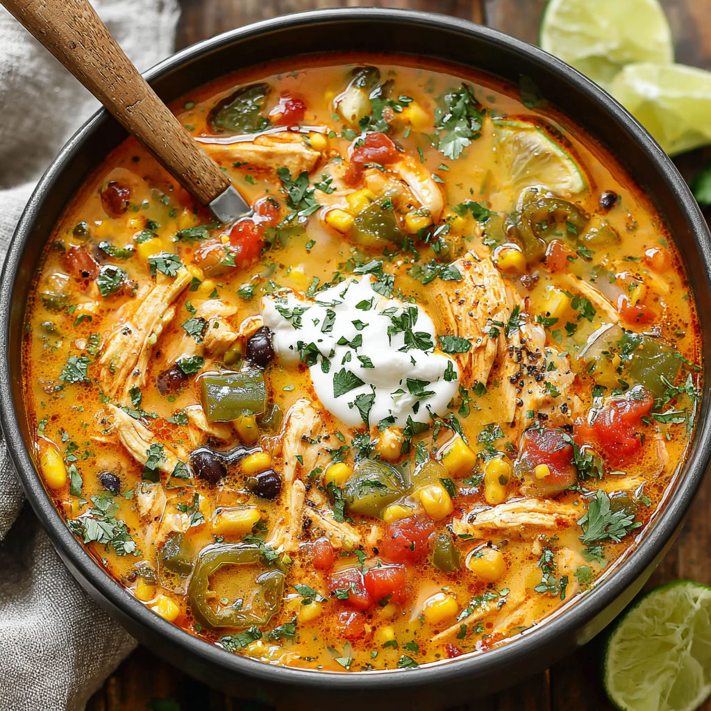A bowl of chicken and corn soup with a spoon in it.