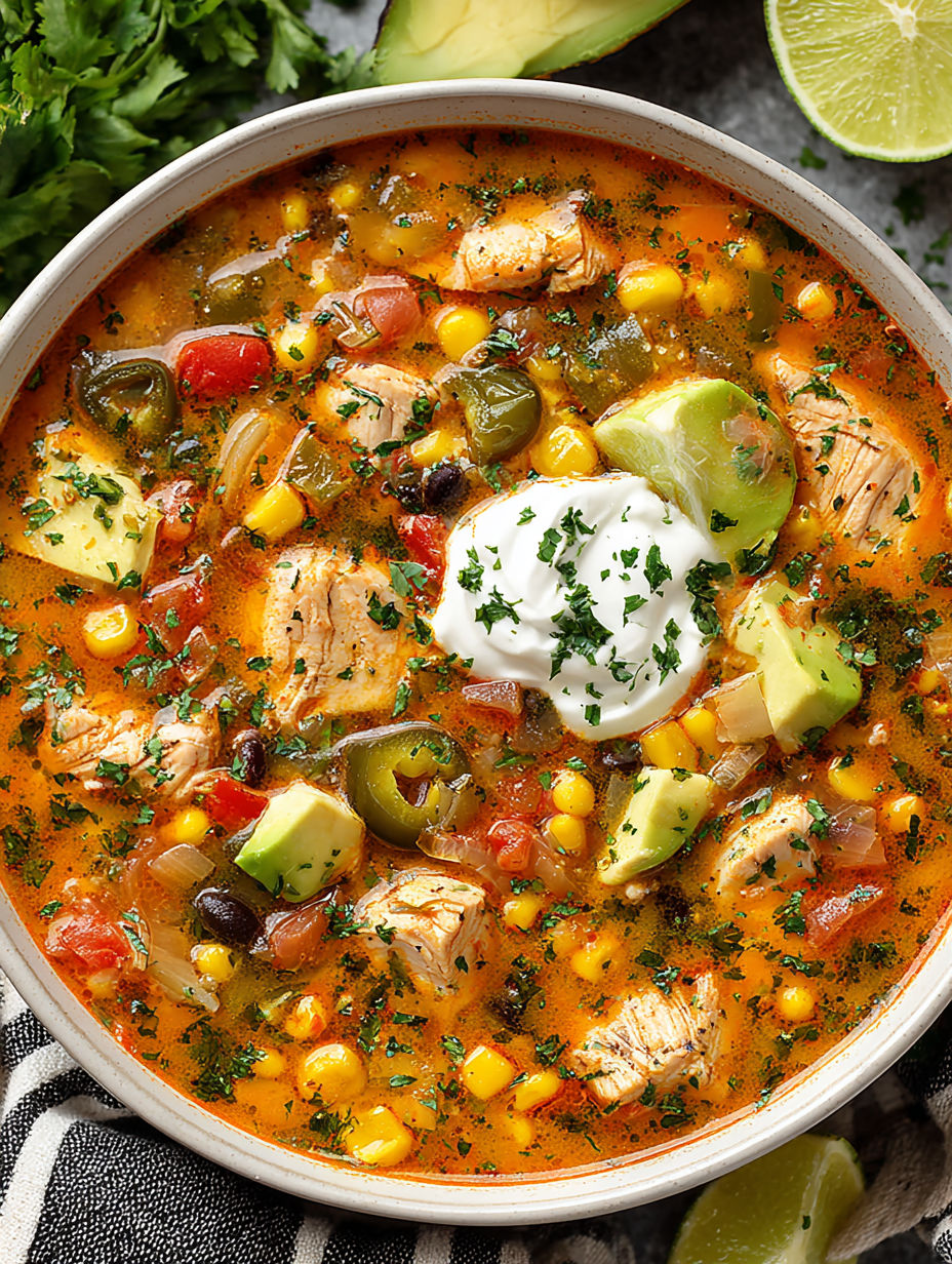 A bowl of chicken and avocado soup.
