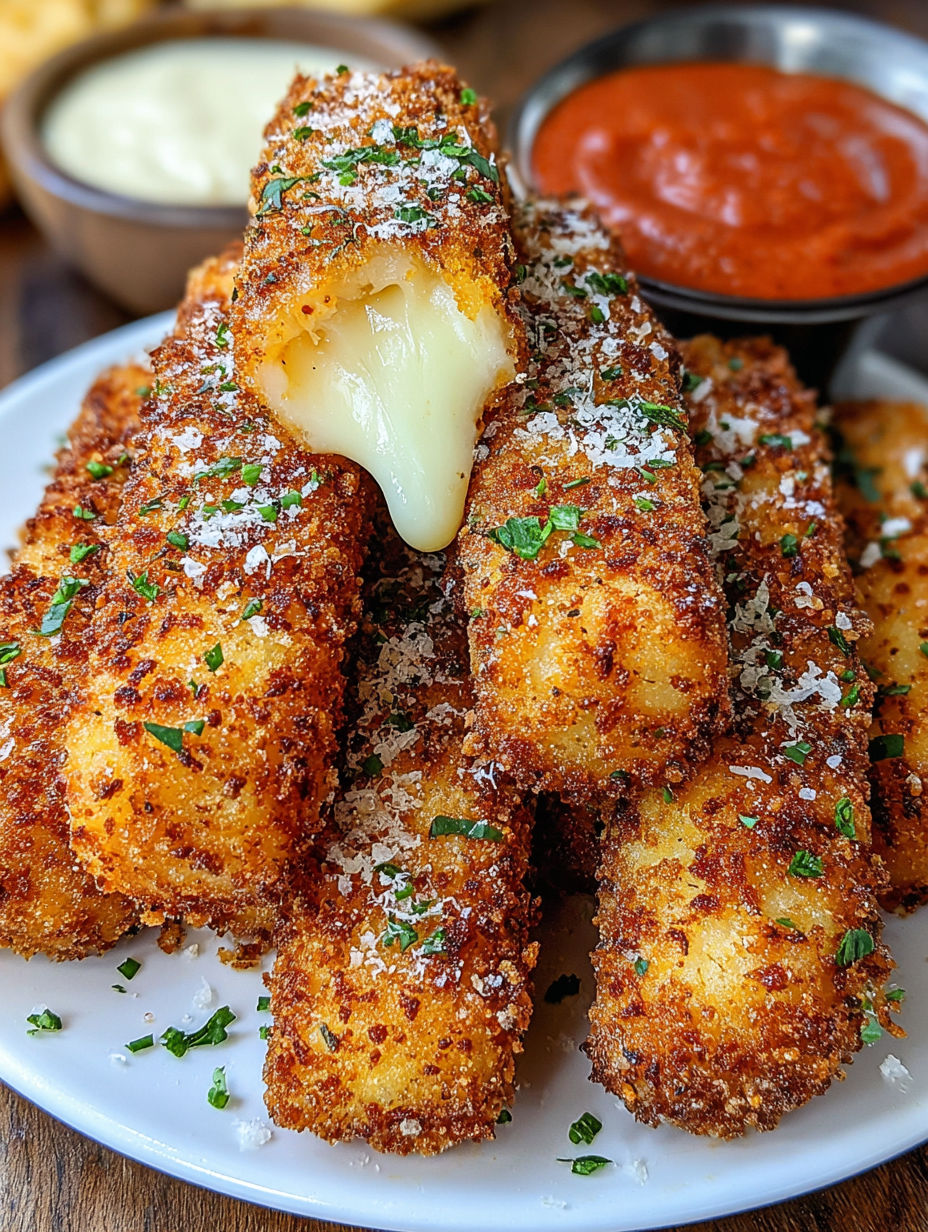 Nashville Hot Mozzarella Sticks with a side of marinara sauce.