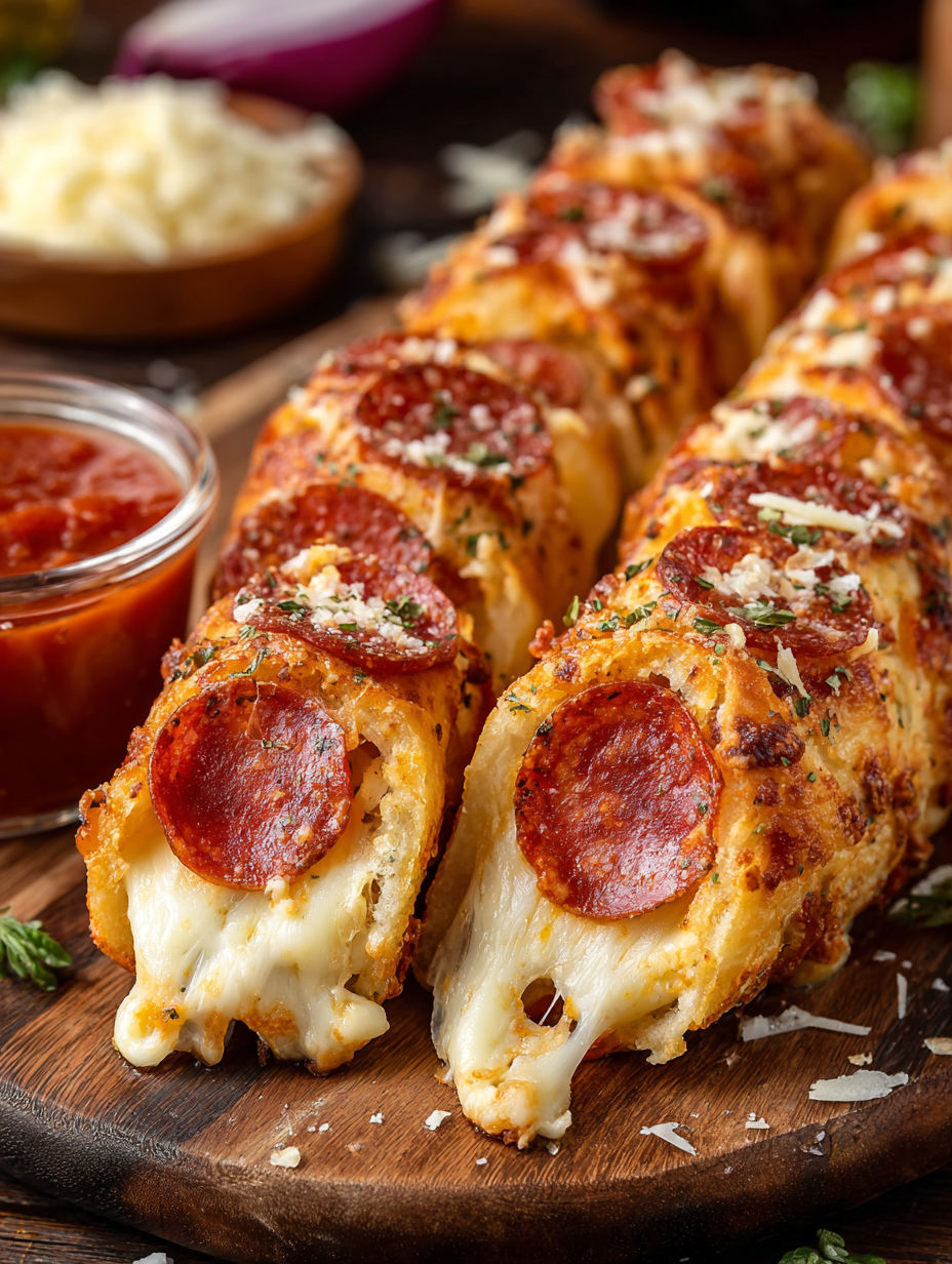 A pepperoni pizza roll with cheese and sauce.
