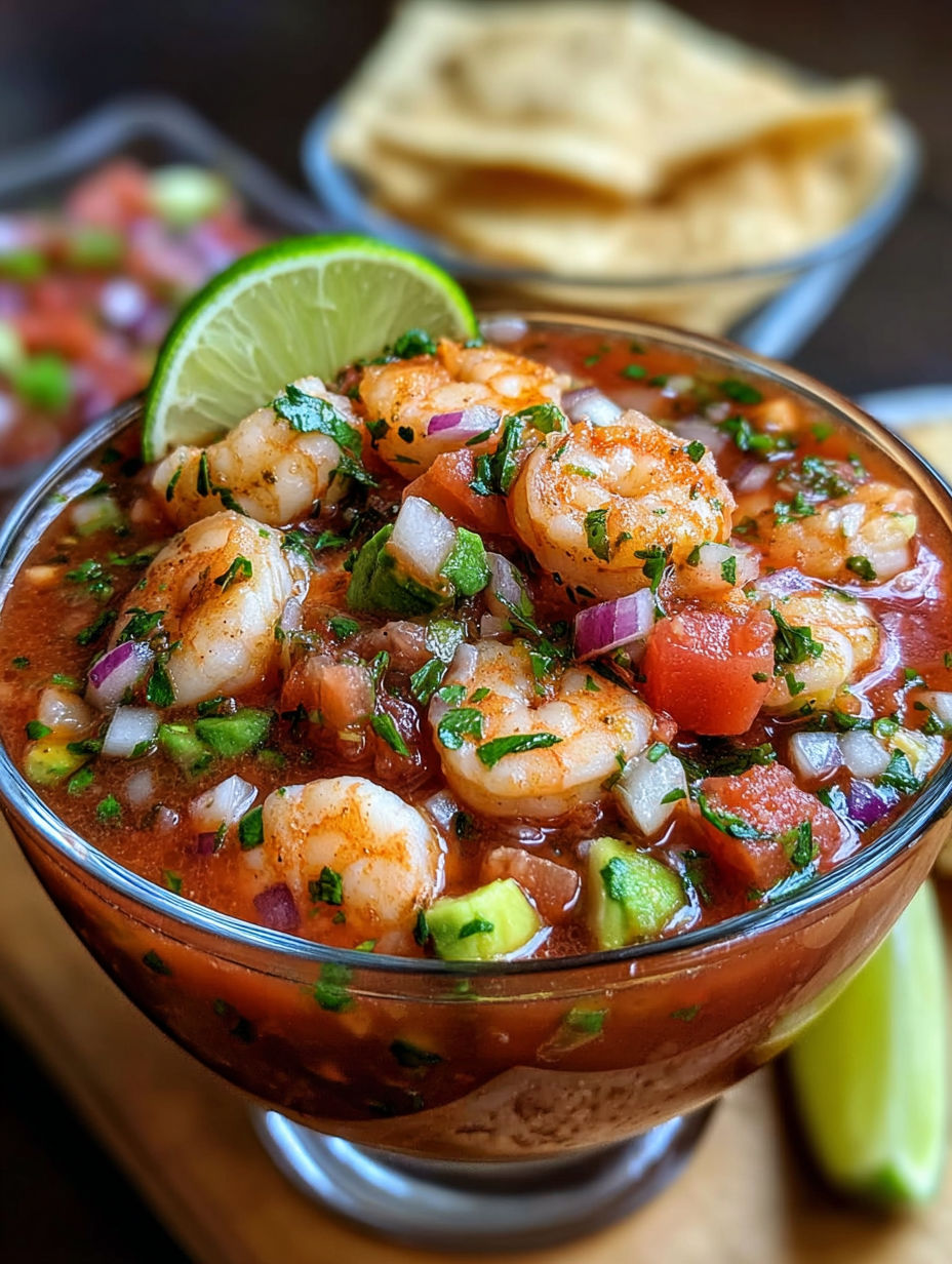 A bowl of shrimp soup with a slice of lime on top.