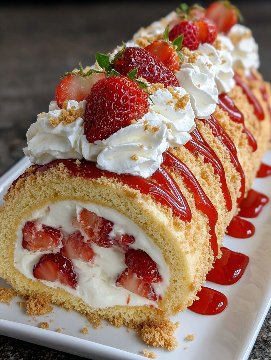 A dessert roll with strawberries and whipped cream.