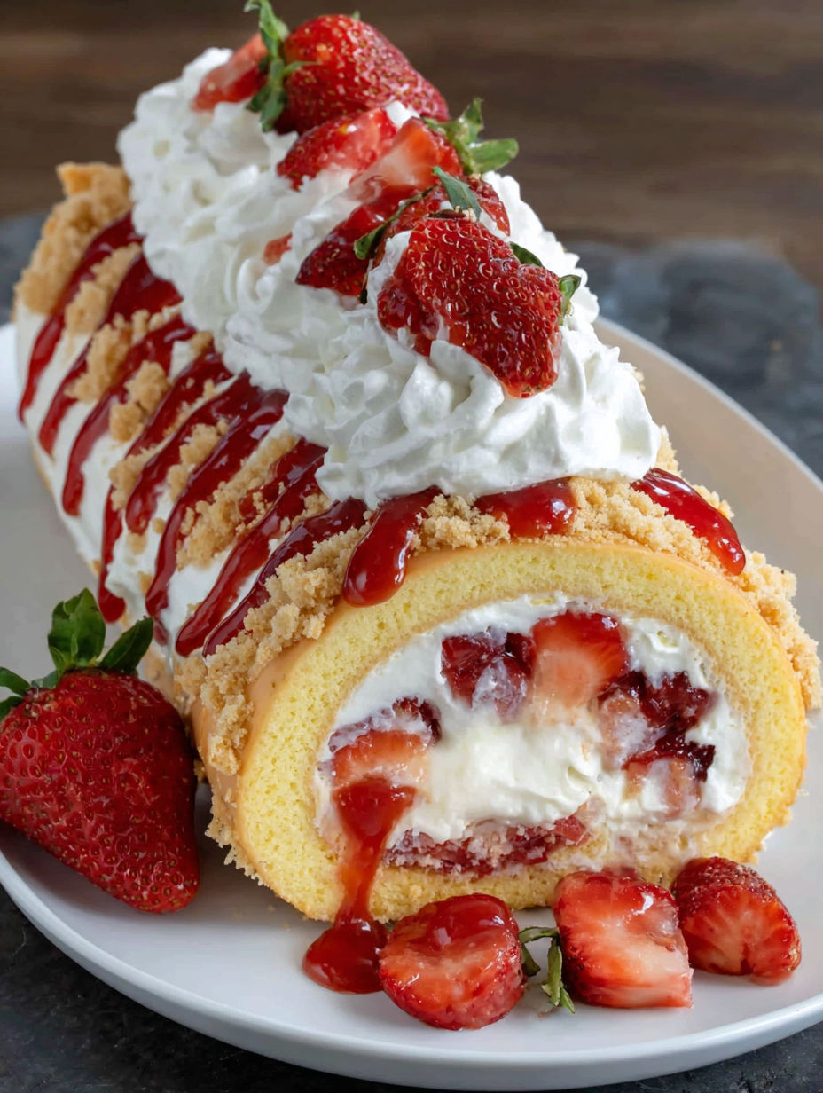 A slice of strawberry shortcake cheesecake roll.