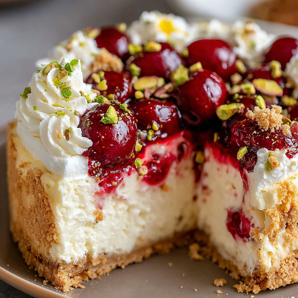 A slice of cake with cherries and pistachios.