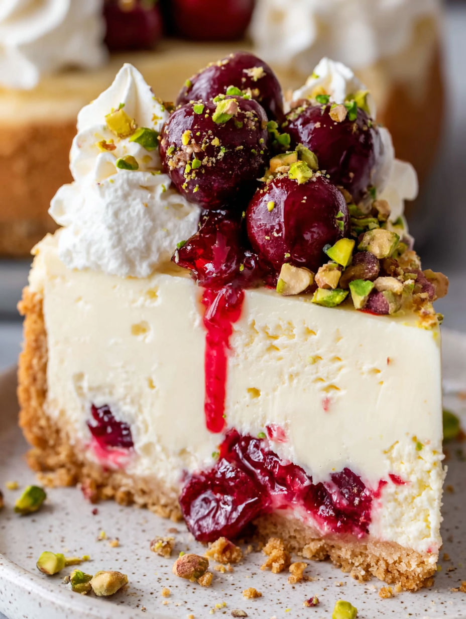 A slice of cheesecake with cherries and pistachios.