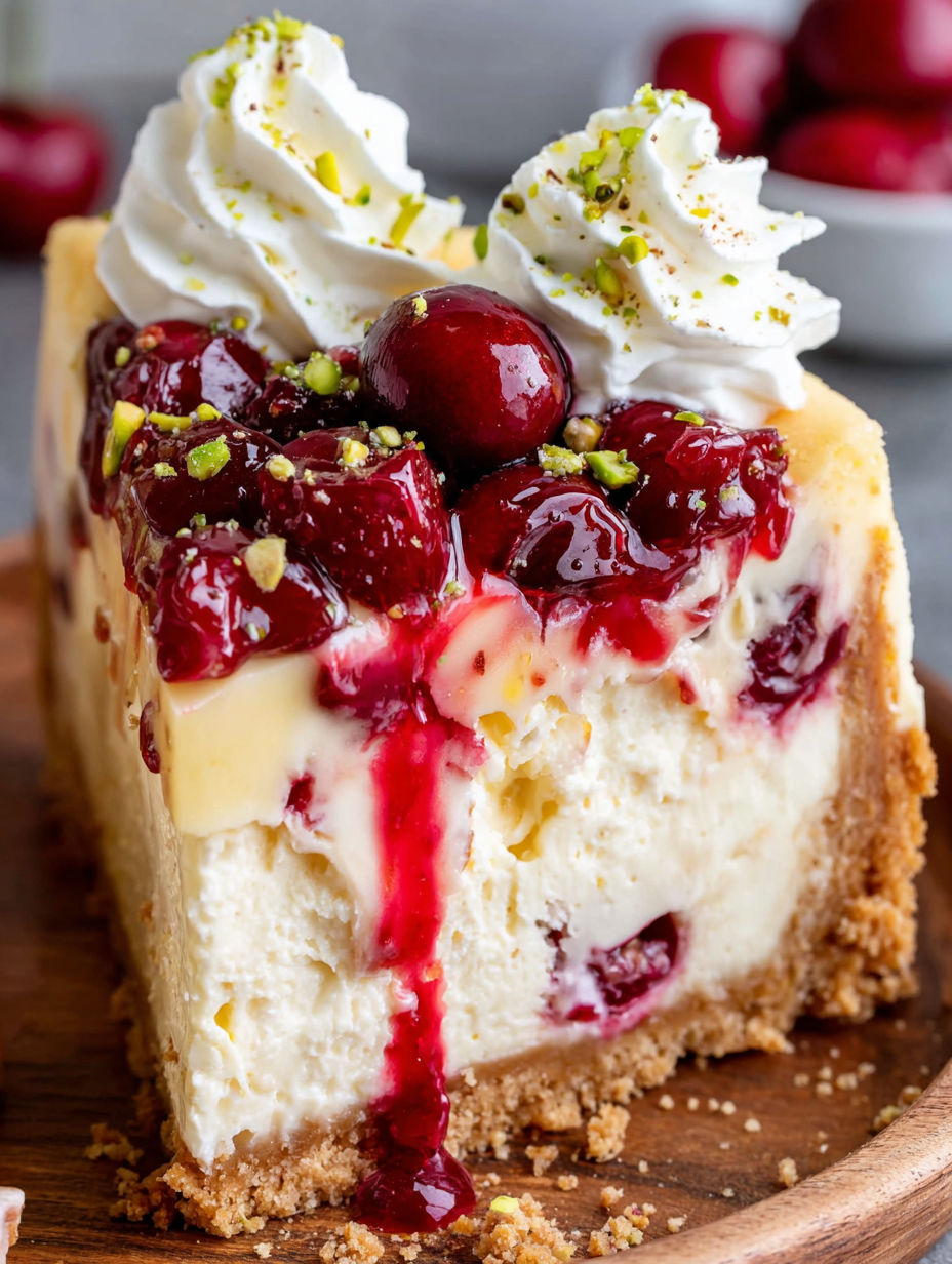 A slice of cheesecake with cherries and pistachios.