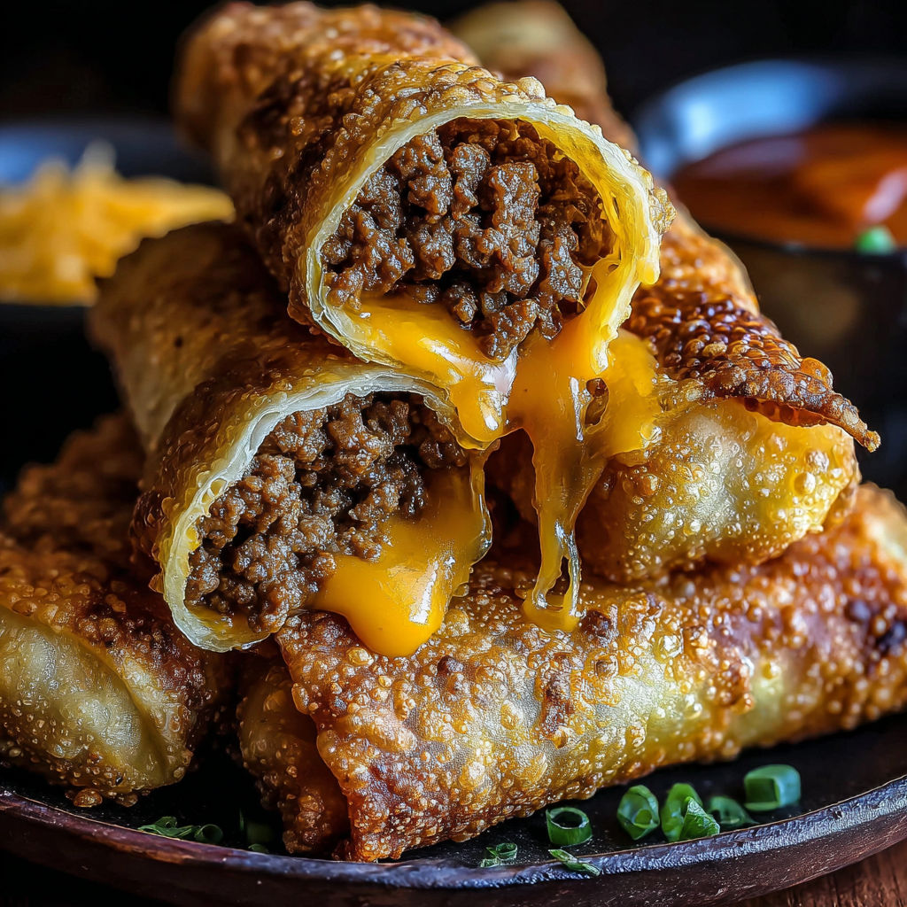 A plate of cheeseburger egg rolls.