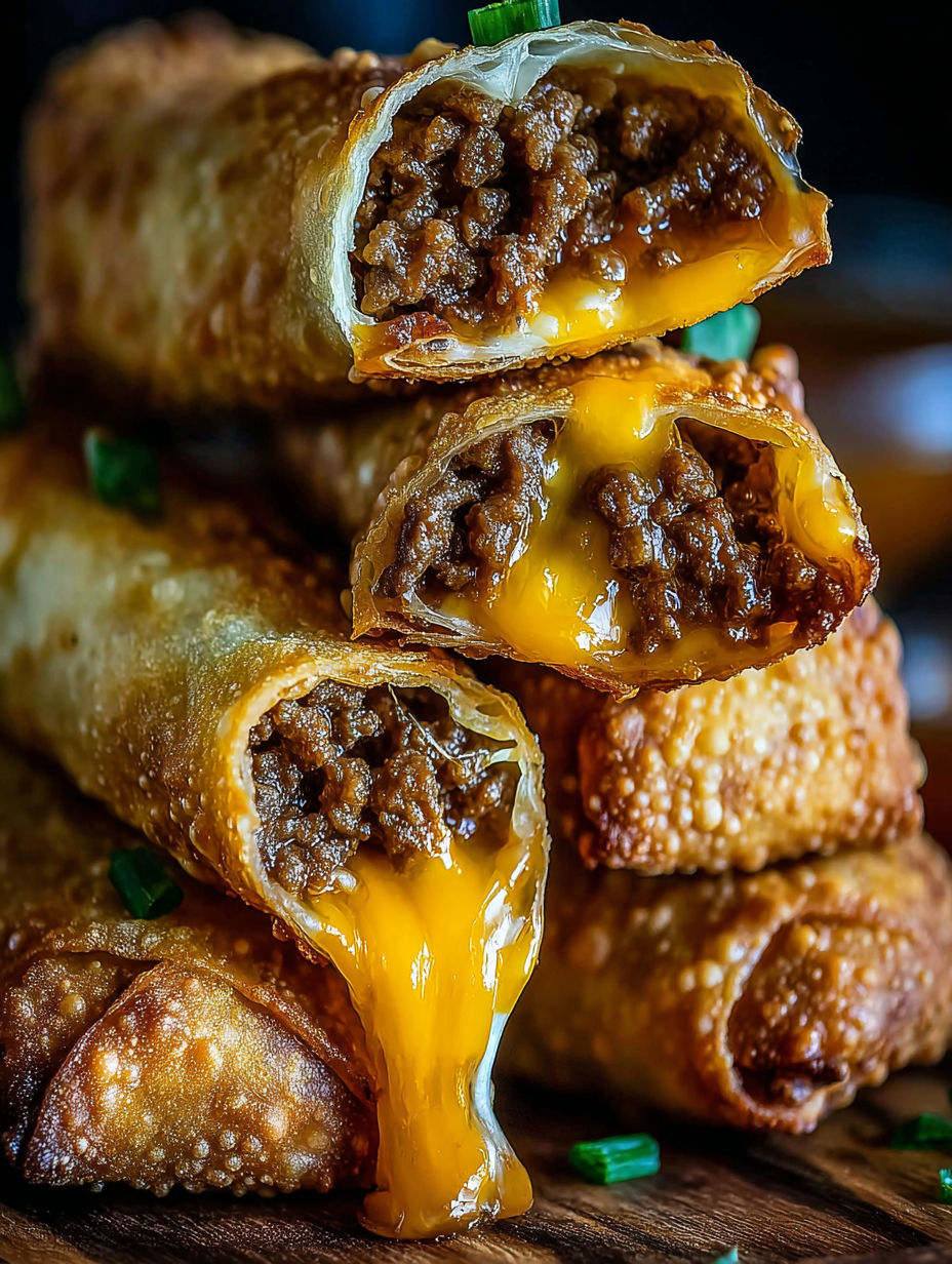 Cheeseburger Egg Rolls stacked on top of each other.