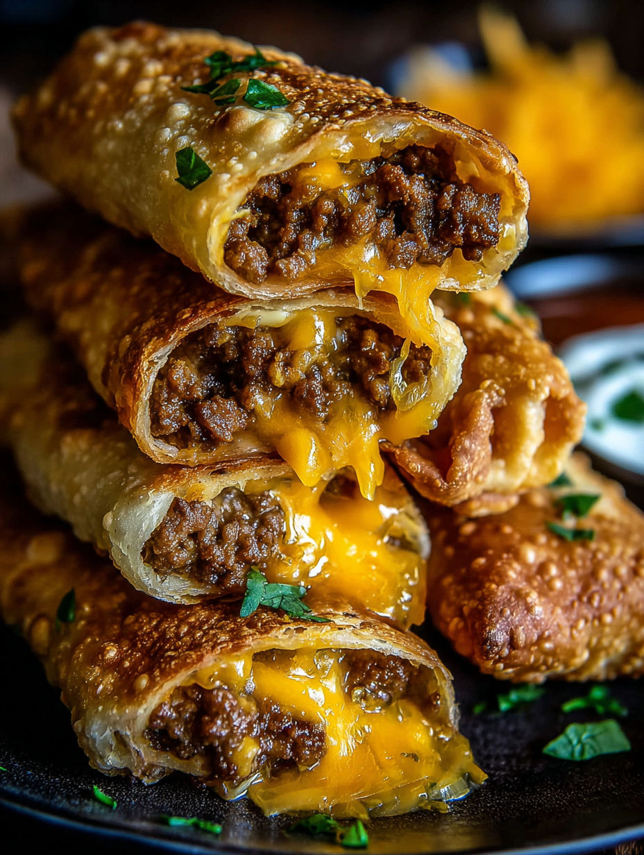 Cheeseburger Egg Rolls stacked on a table.