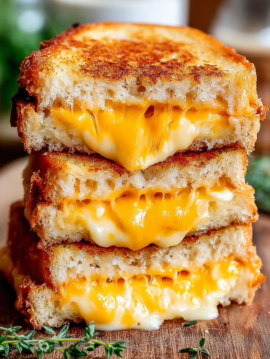 A stack of three grilled cheese sandwiches.