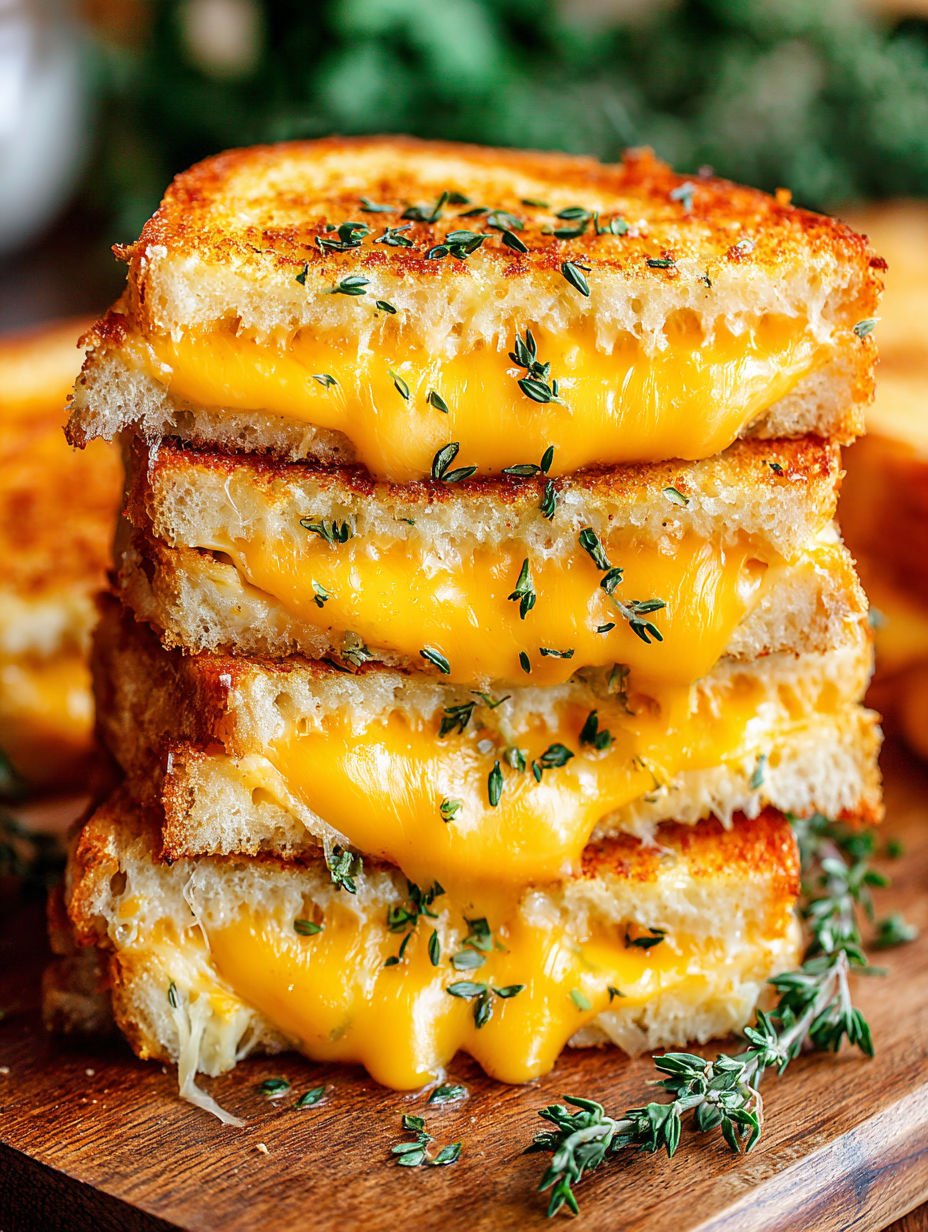 A stack of grilled cheese sandwiches with herbs on top.