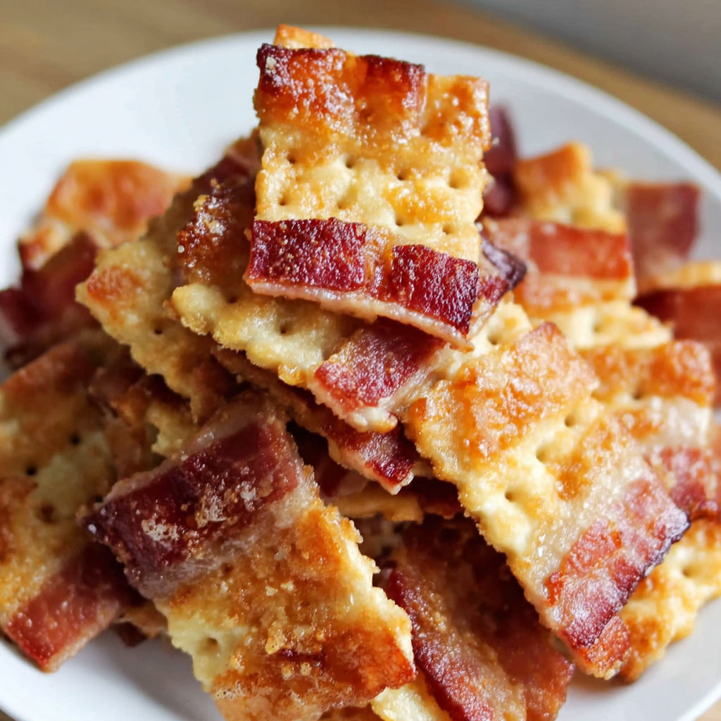 Bacon Crackers on a white plate.