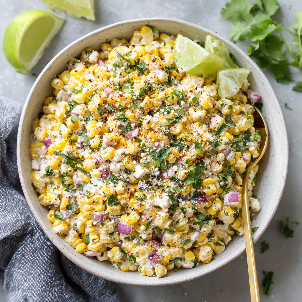 A bowl of Mexican street corn salad.