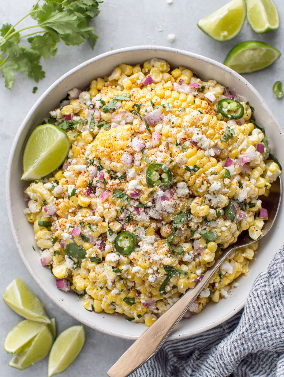 A bowl of Mexican street corn salad.