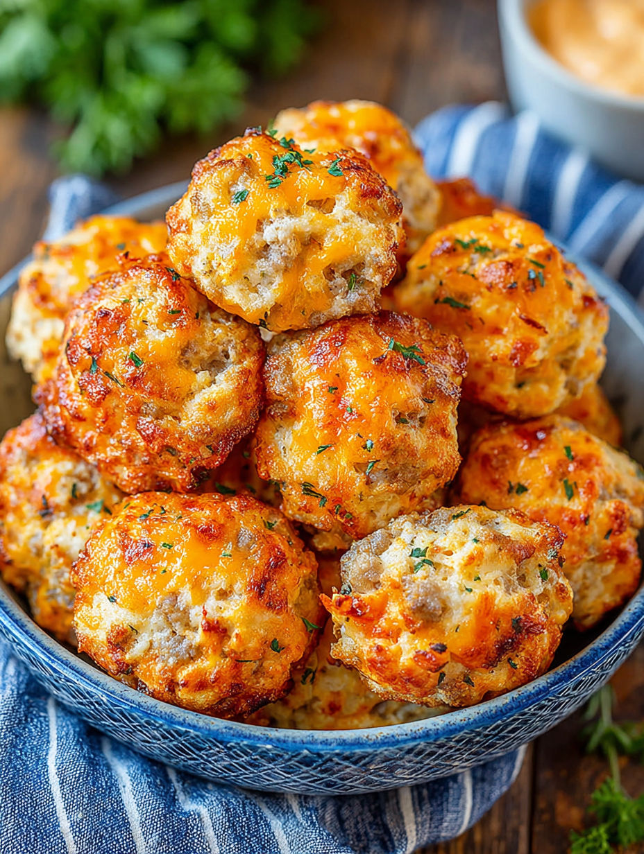 A bowl of Cheddar Bay Sausage Balls.