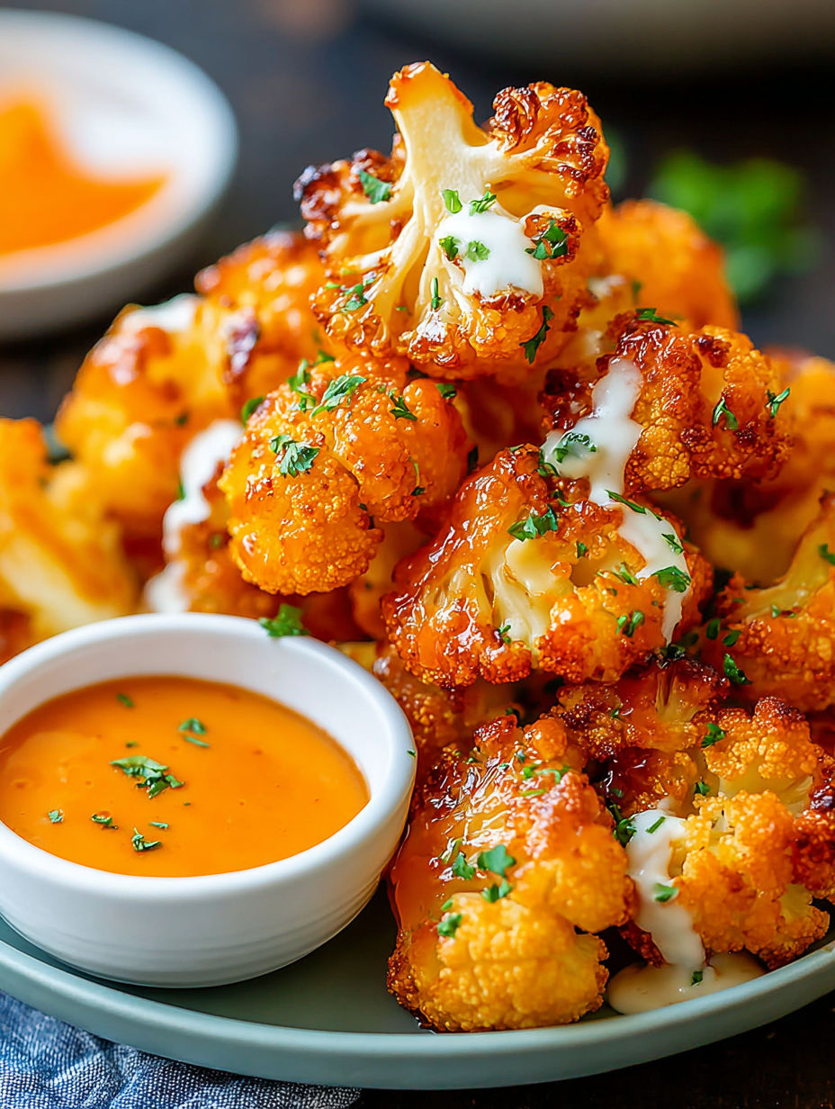 A bowl of cauliflower with a dipping sauce.