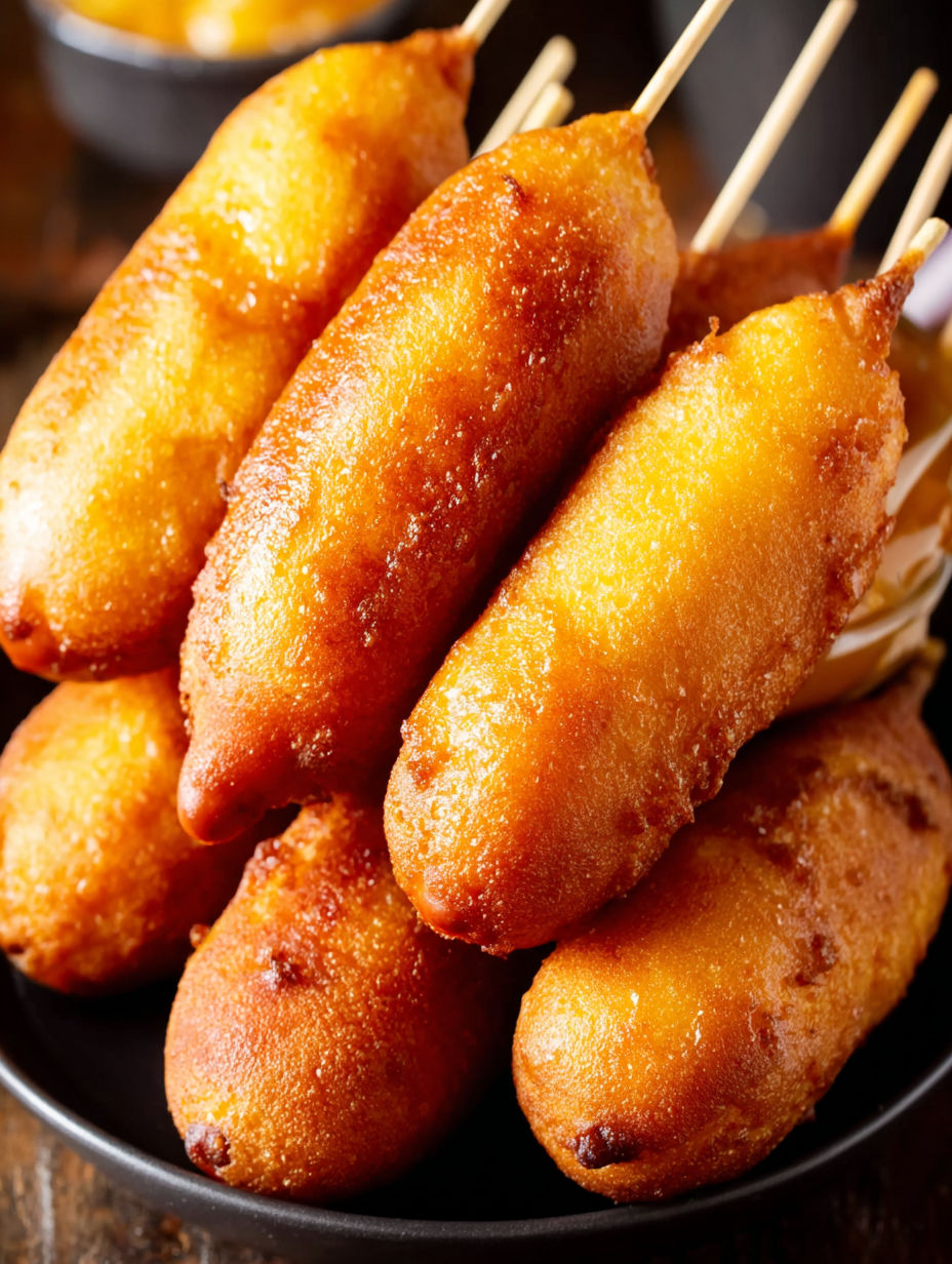 A stack of corn dogs on a plate.
