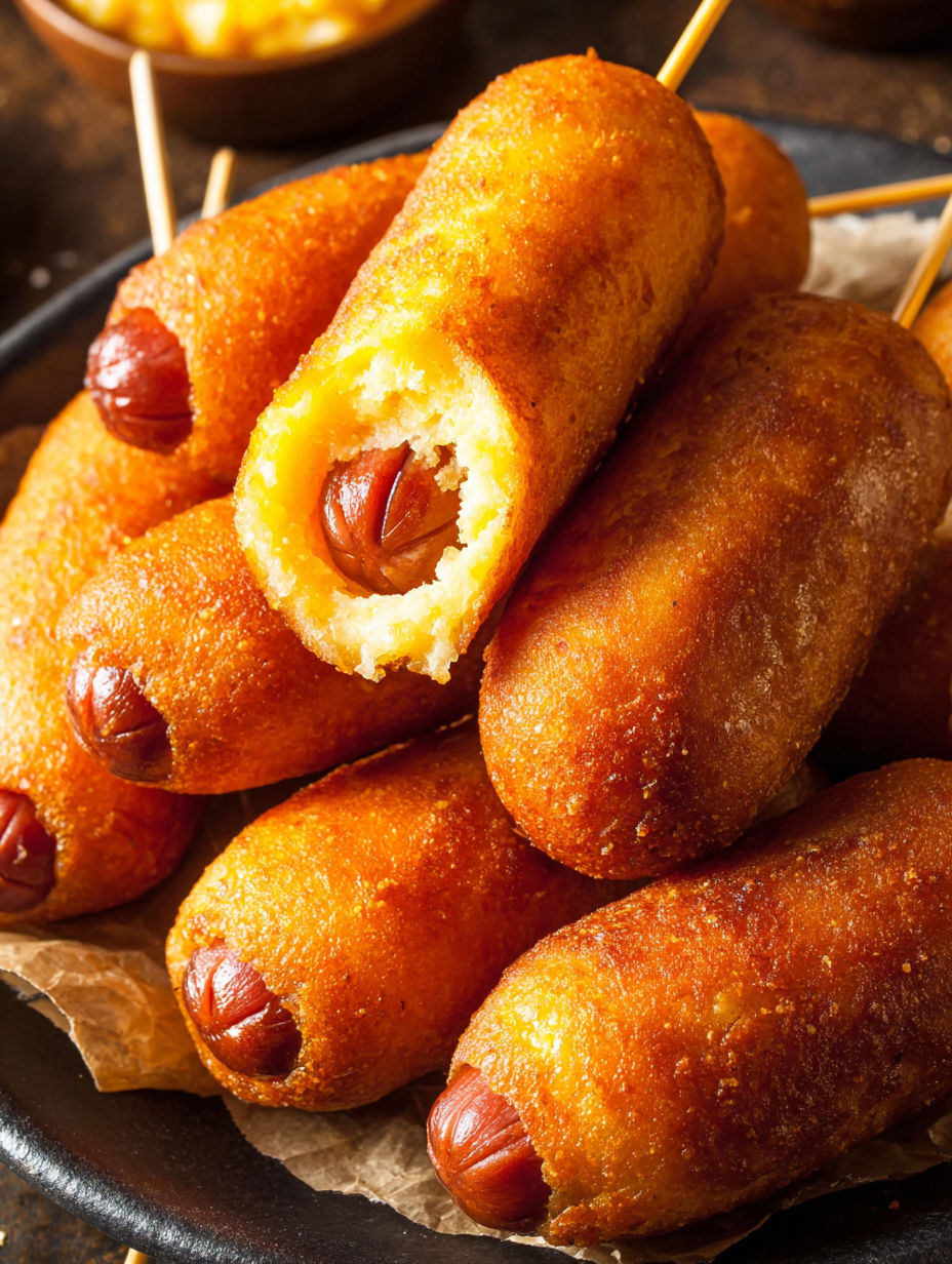A plate of corn dogs with a bite taken out of one.