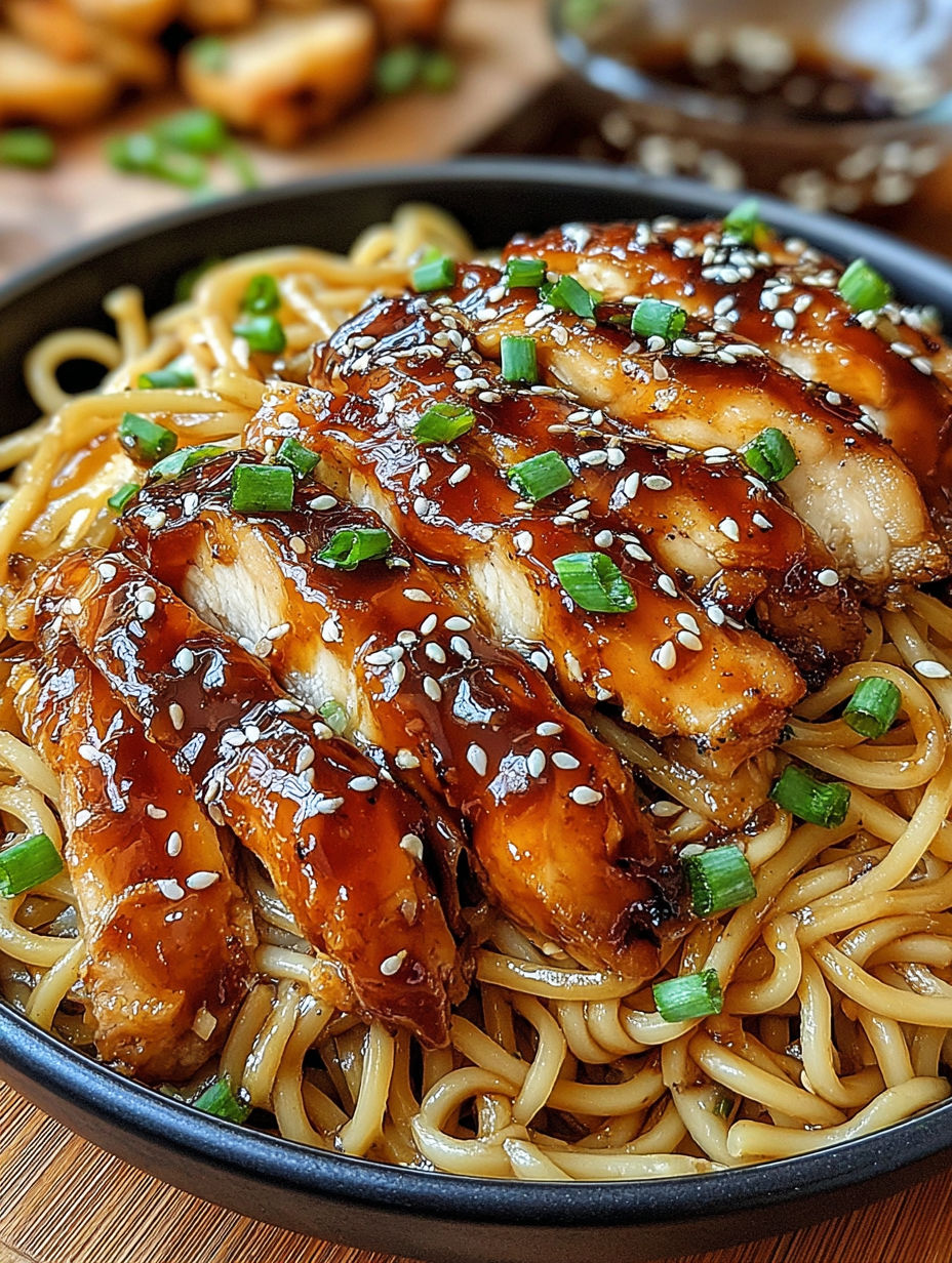 A bowl of chicken teriyaki noodles.