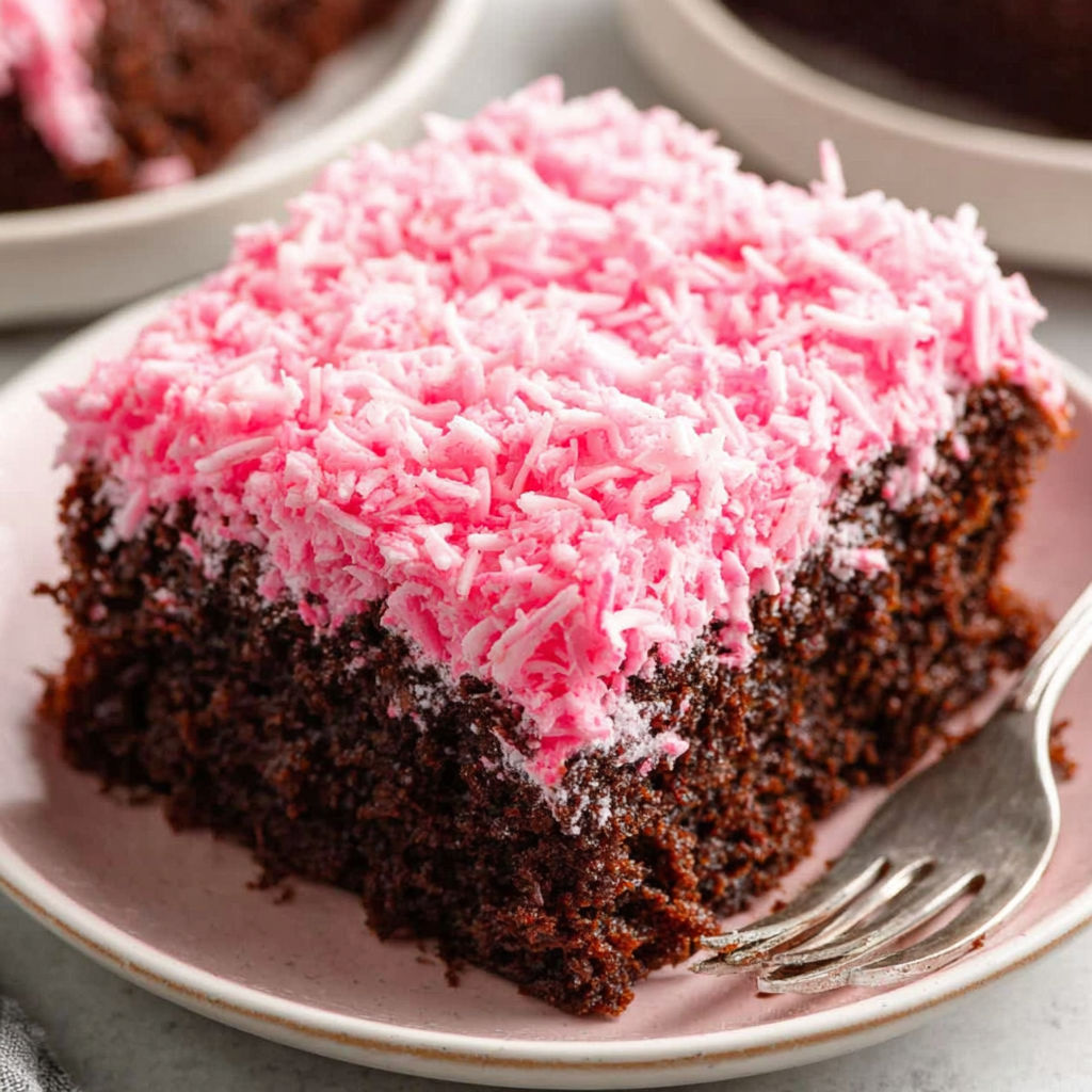 A slice of chocolate cake with pink frosting.