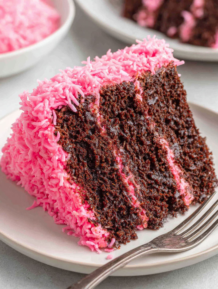 A slice of pink and brown cake.