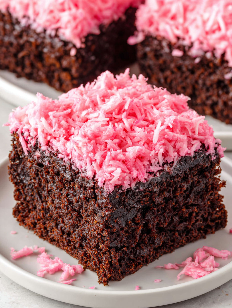 A slice of chocolate cake with pink frosting.