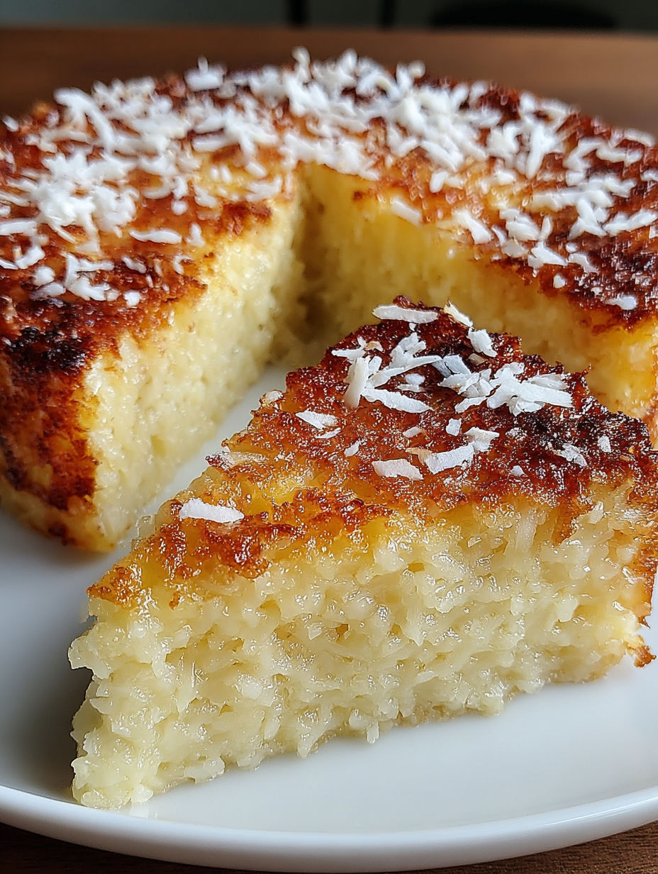 A slice of crustless coconut pie dessert.