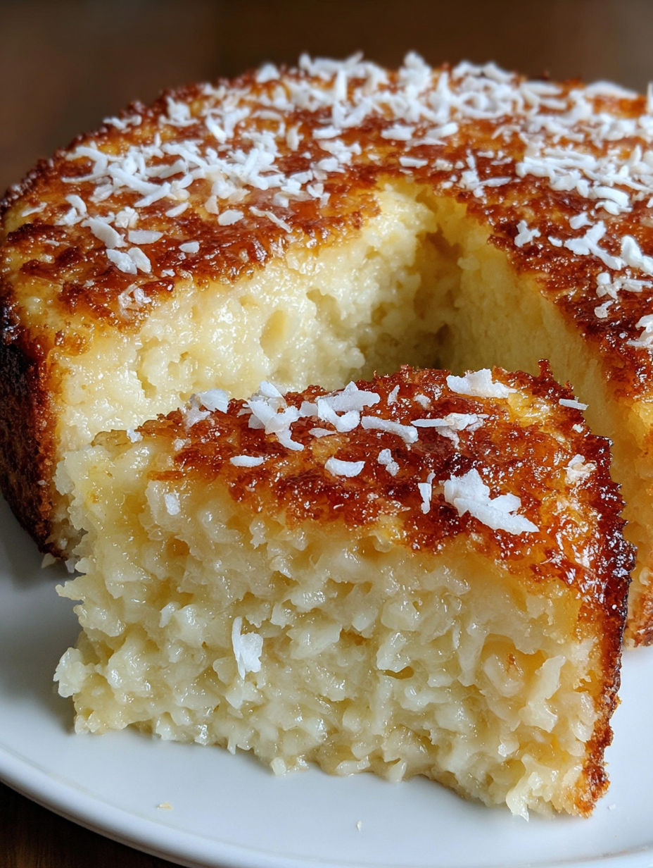 A slice of crustless coconut pie dessert.