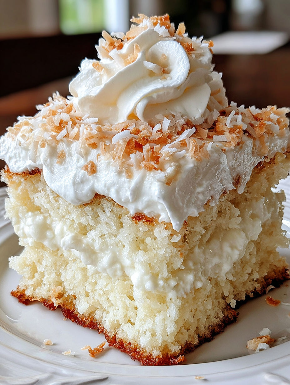 A slice of coconut cloud cake on a plate.