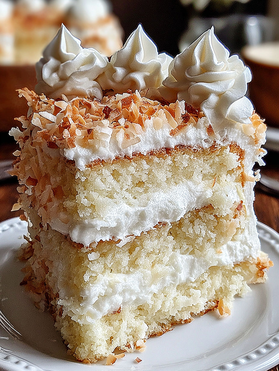 A slice of coconut cloud cake on a plate.