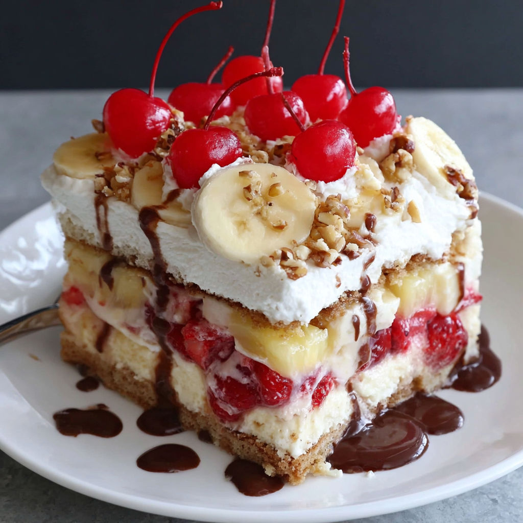 A slice of a layered banana split cake with chocolate and banana toppings.