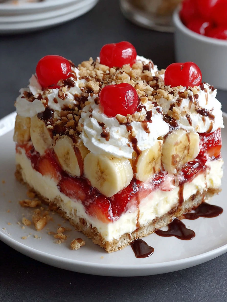 A slice of a banana split cake with chocolate and strawberry toppings.