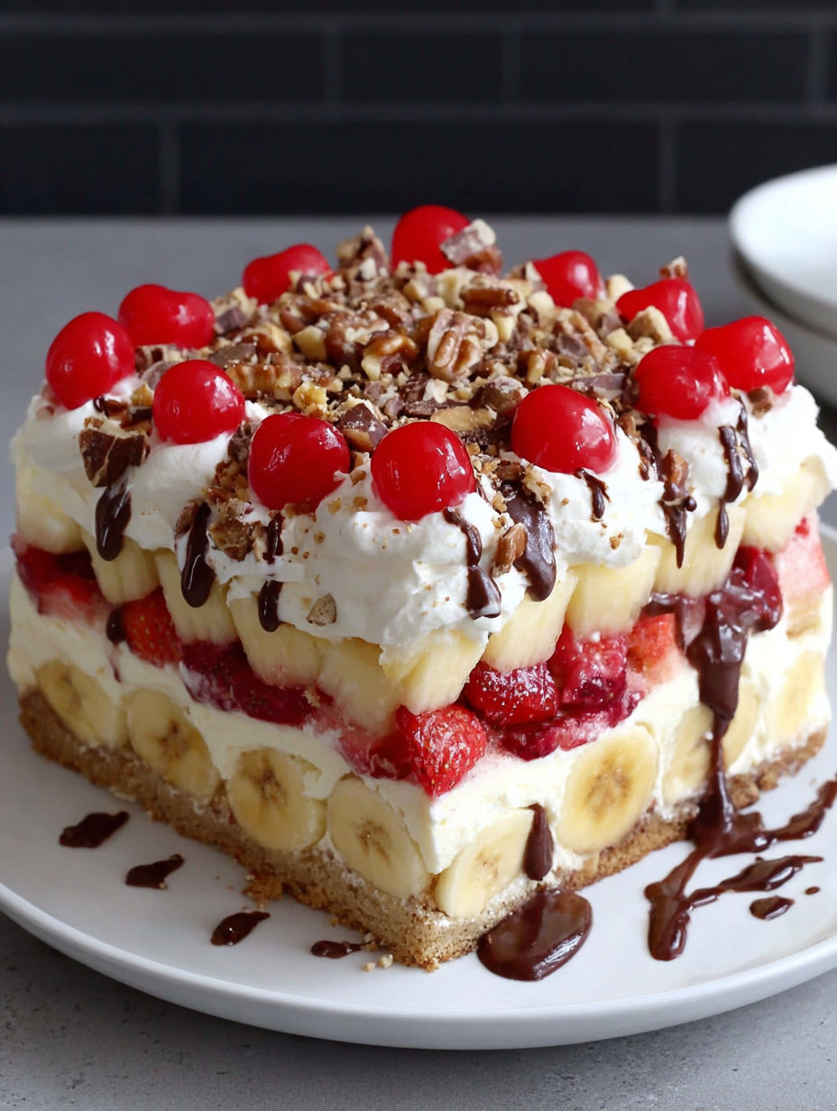A layered cake with bananas and strawberries.
