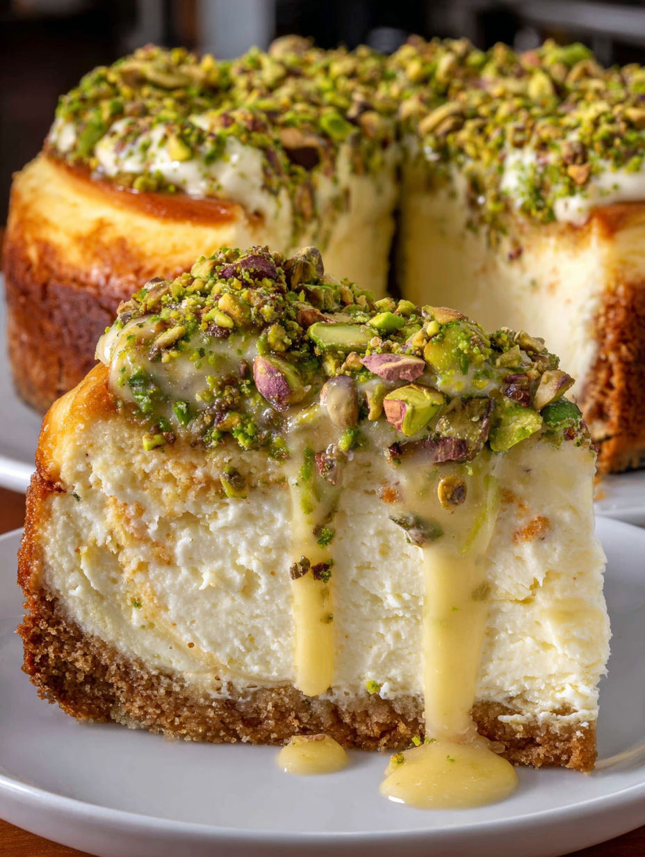 A slice of pistachio cheesecake with topping.