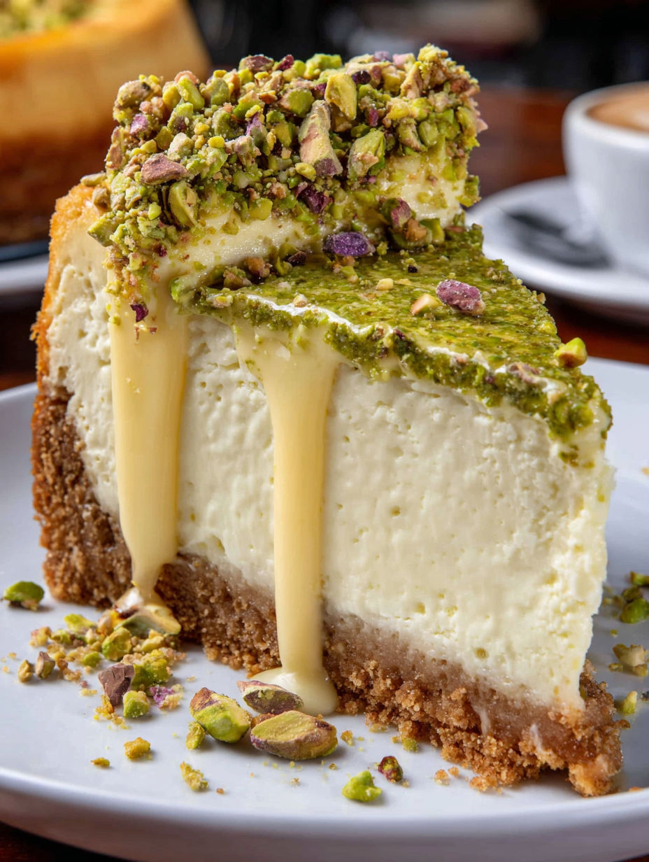 A slice of pistachio cheesecake with topping.