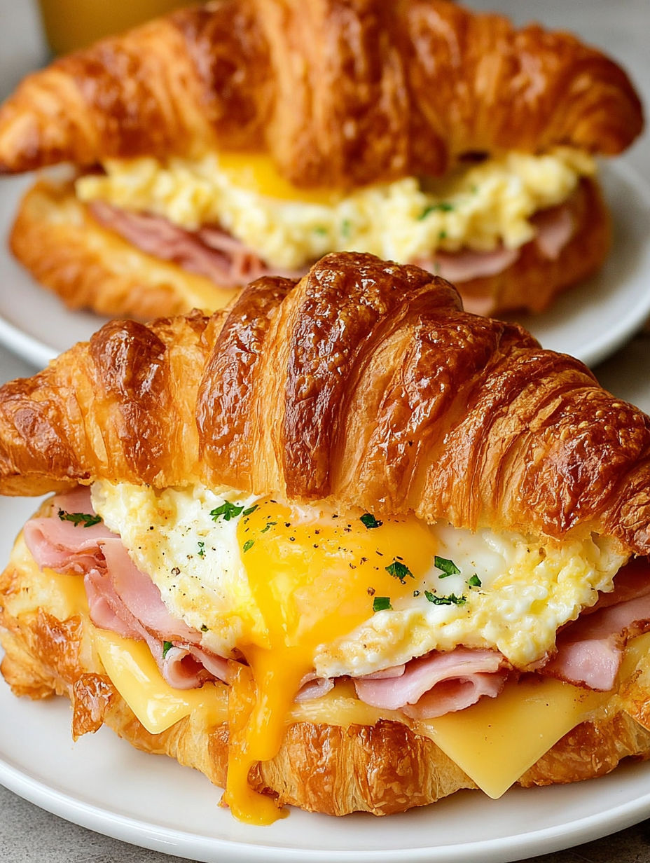 A croissant sandwich with egg and ham.