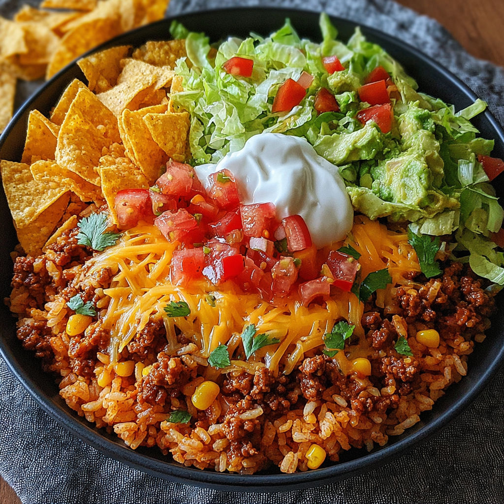 A bowl of rice with meat, tomatoes, lettuce, and cheese.