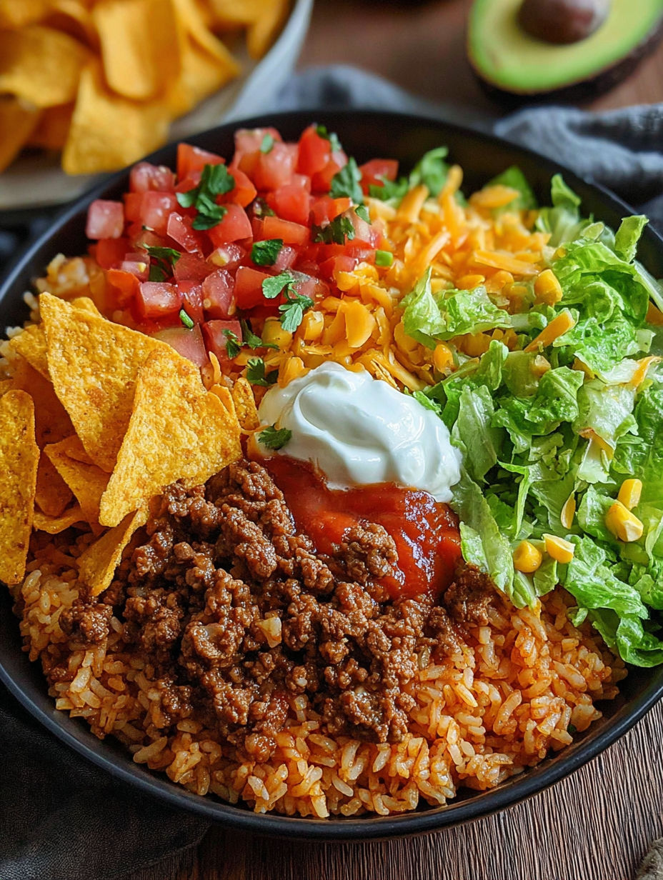 A bowl of food with rice, beans, cheese, tomatoes, lettuce, and chips.