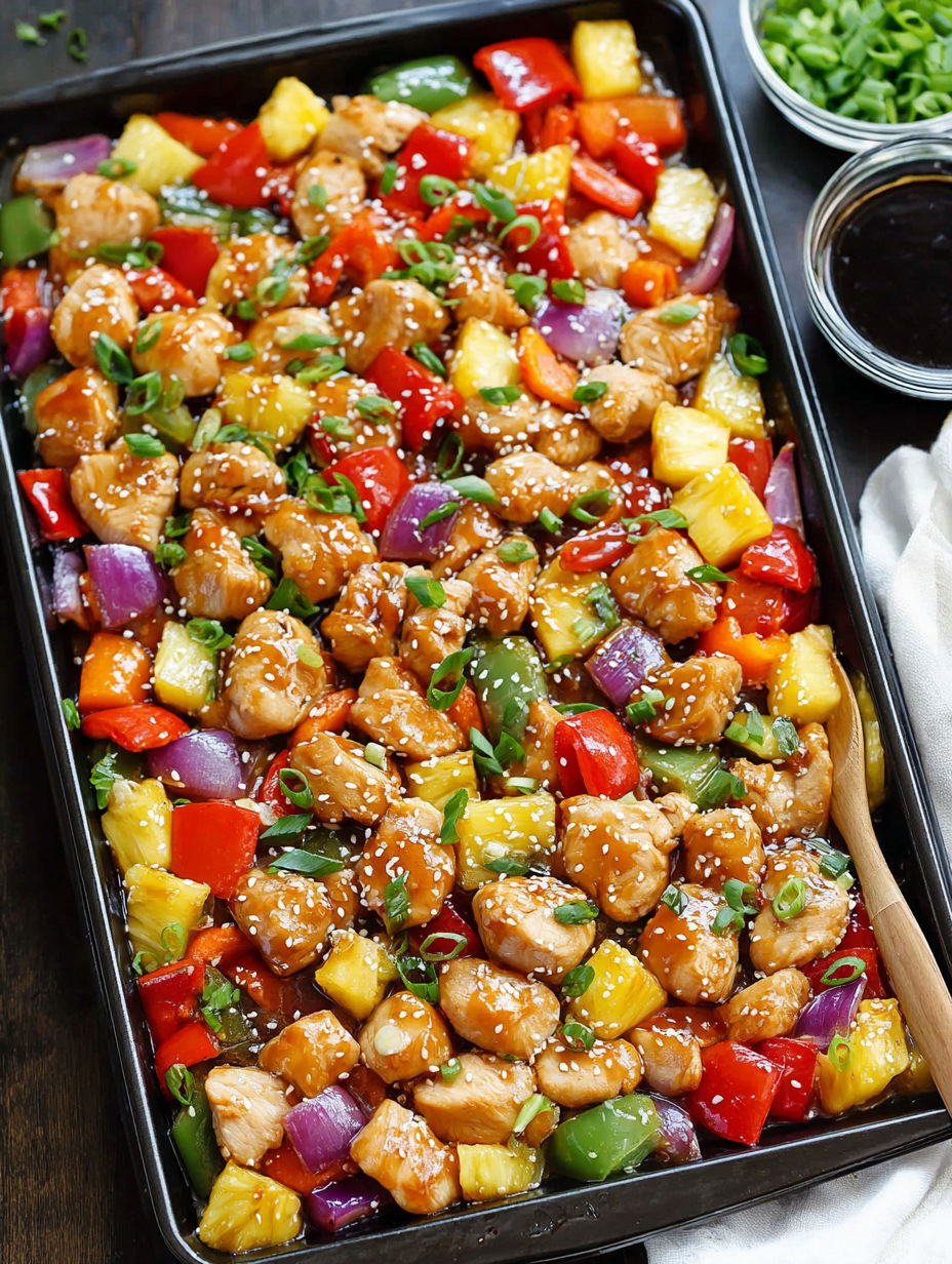 A pan of chicken with vegetables and sauce.