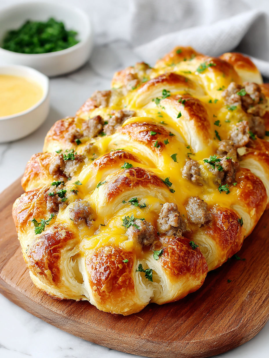 A delicious looking pastry with cheese and sausage.