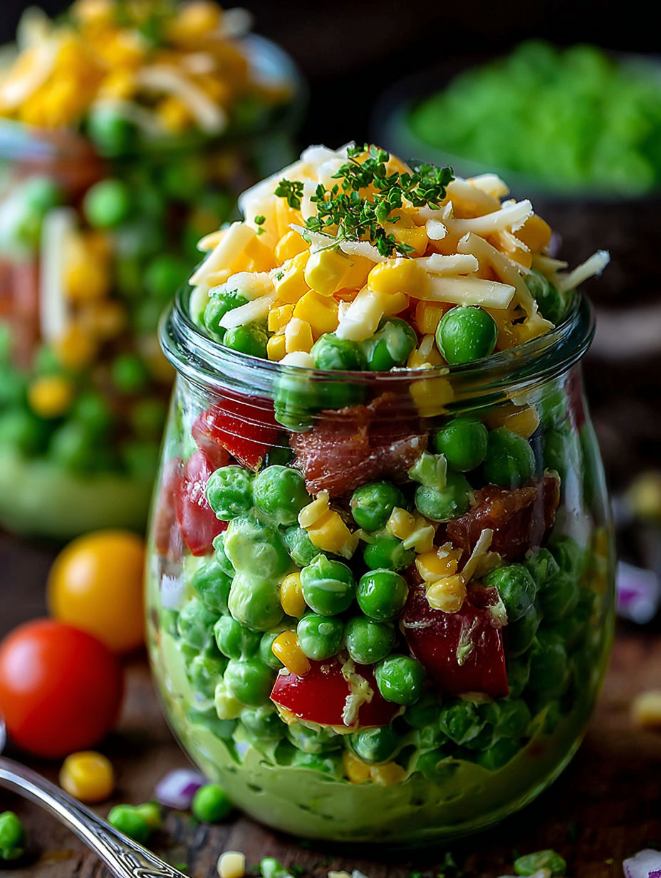 A glass jar filled with a delicious Irish pea salad.