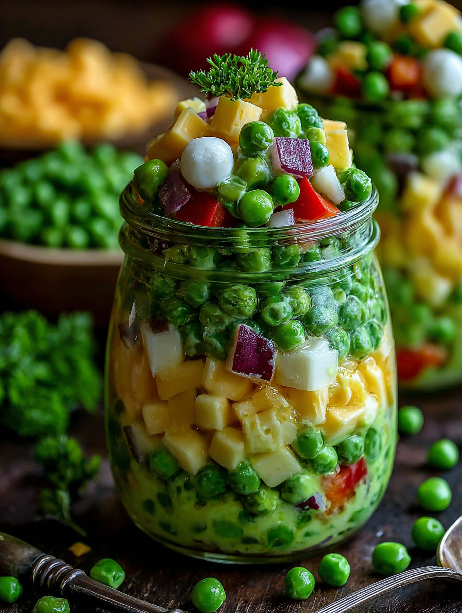 A glass jar filled with a delicious Irish pea salad.