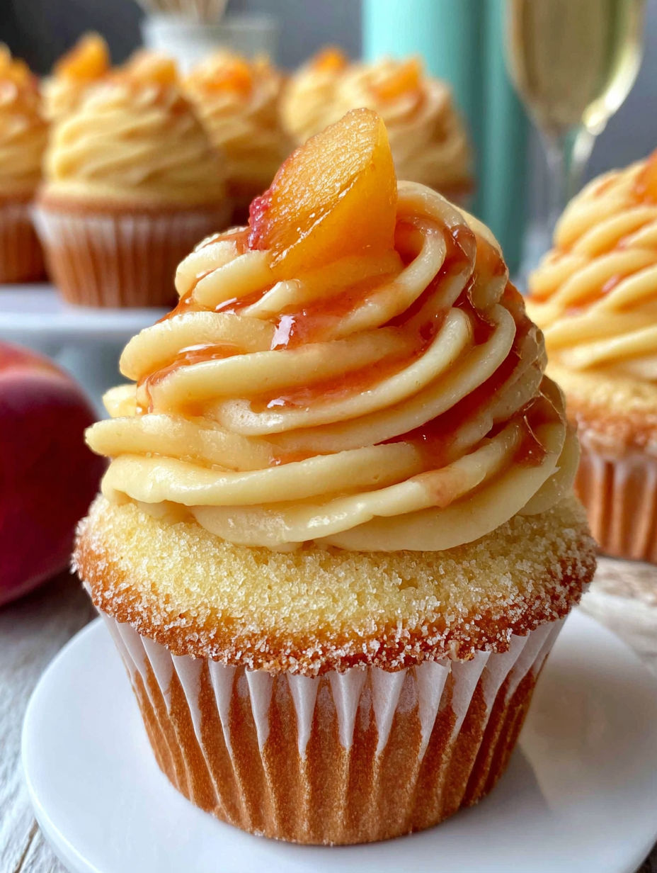 A cupcake with peach bellini frosting.