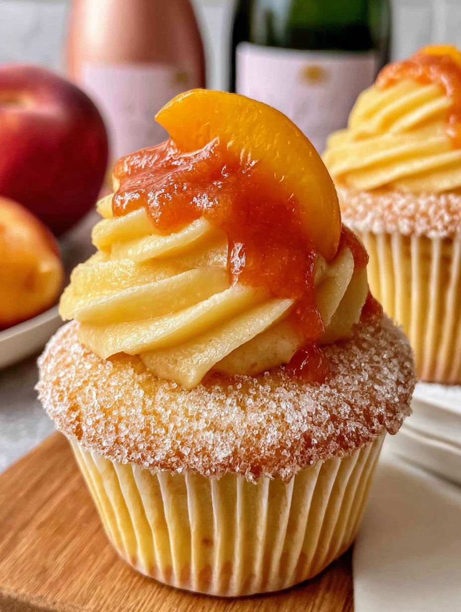 A cupcake with a peach on top.