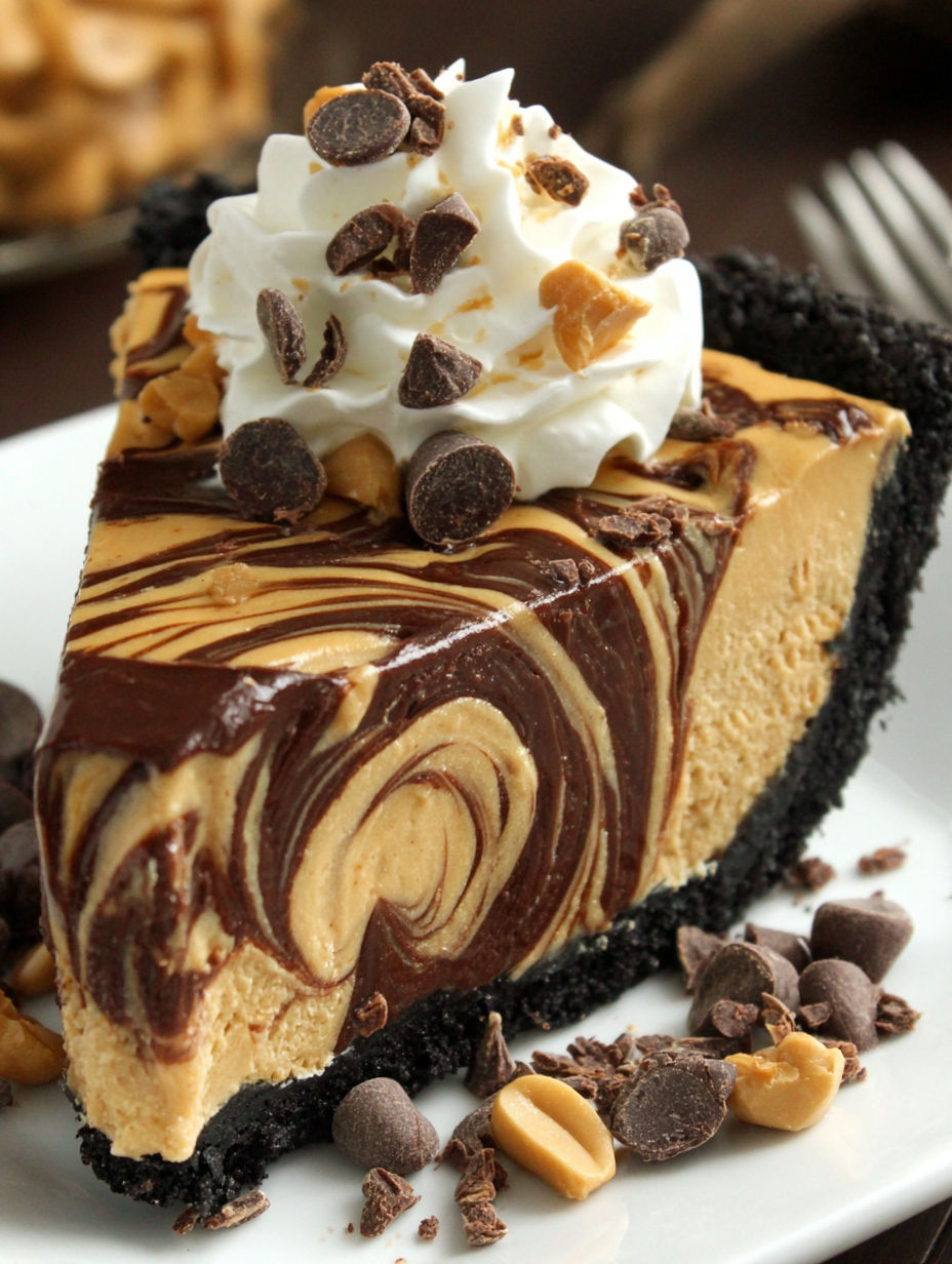 A slice of pie with chocolate and peanut butter toppings.