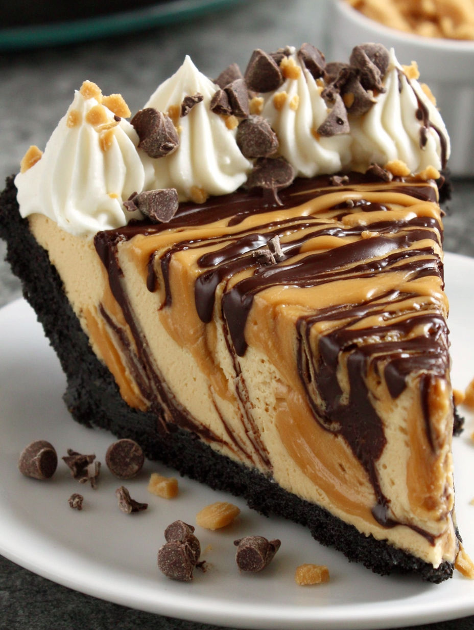 A slice of peanut butter and chocolate pie.