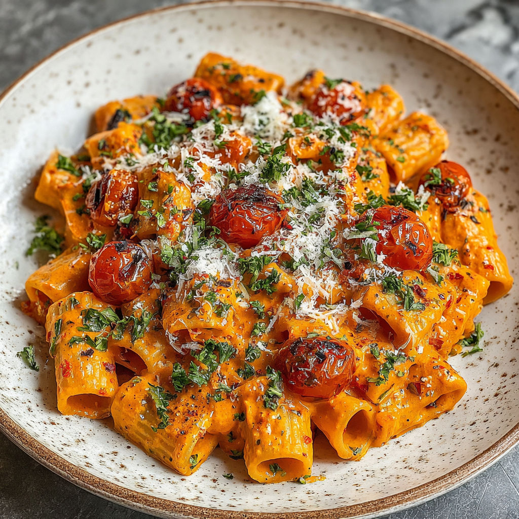 A plate of pasta with tomatoes and cheese.